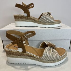 Romika Espi NEW Comfort Wedge Sandals Beige Striped Bow Slingback EU 37 US 6-6.5
